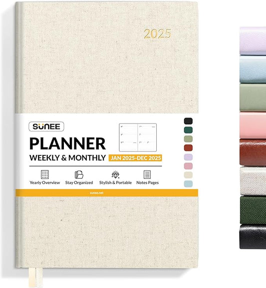 SUNEE 2025 Weekly & Monthly Hardcover Planner 5.5" x 8.3" - 12 Month (January 2025 - December 2025), Small Hardcover Planner, Pocket, Notes, 100 GSM Paper, Beige