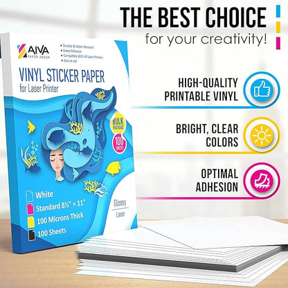 Printable Vinyl Sticker Paper for Laser Printer - Glossy White - 100 Self-Adhesive Sheets - Waterproof Decal Paper - Standard Letter Size 8.5"x11"