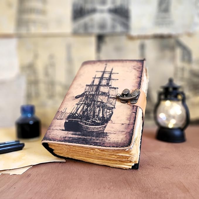 Large Sailing Ship Leather Journal Dairy Notebook Sketchbook | 200 Deckle Papers | C-Shape Lock for Closure (10*7 inch)