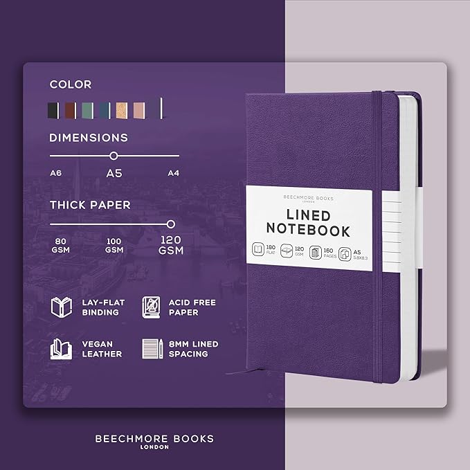 BEECHMORE BOOKS Lined Journal Notebook, 5.8 x 8.3 inch, A5 160 Lined Pages, Hardcover Leather Journals for Women, Men, Writing and Notebooks for Work - 120 GSM Thick Paper, Gifts Box Included