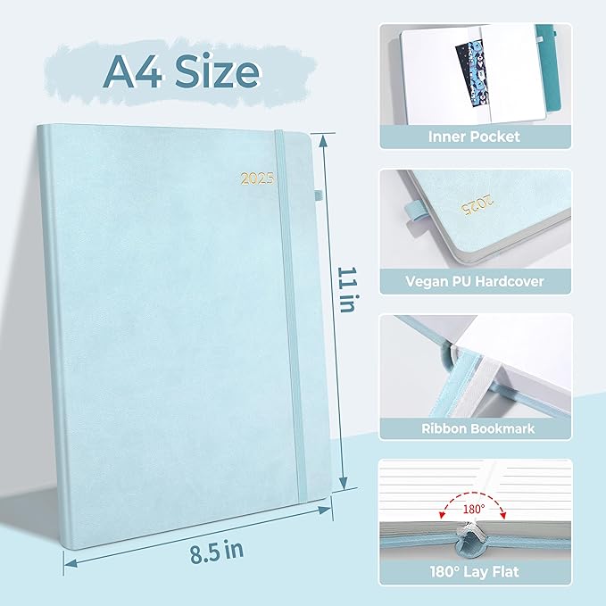 SUNEE 2025 Weekly & Monthly Hardcover Planner 8" x 11" - 12 Month (January 2025 - December 2025), Small Hardcover Planner, Pocket, Notes, 100 GSM Paper, Grey Blue