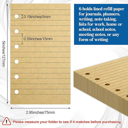 Ireer 200 Sheets Blank Lined Paper Refill for 3 x 5 Binders 6 Ring Memo Refill Paper Mini Ruled Filler Paper Books Planner Inserts Blank Lined Paper for Binder (Kraft)