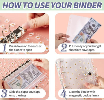 OOUUREC Daisy Cash Envelope Budget Binder Organizer - with 30 Budget Stickers, Expense Tracker, A6 Zipper Binder Pockets & Money Saving Binder, Personal Organizer Finance Planner for Cash and Coupon