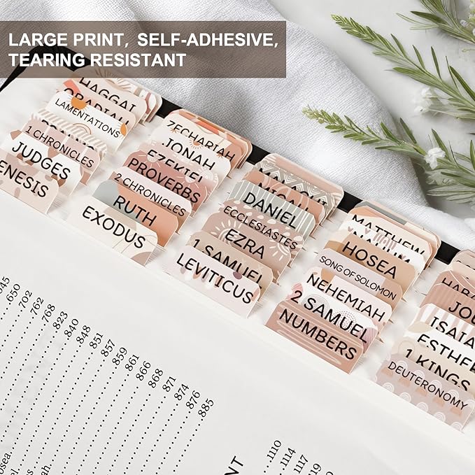 Laminated Bible Tabs for Women & Men - Large Print Tabs for Study Bibles, Boho Theme for Easy Navigation and Quick Reference - Easy-to-Read and Apply Tabs for All Ages