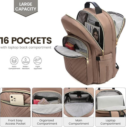 LOVEVOOK Laptop Backpack for Women 17.3 inch,Cute Womens Travel Backpack Purse,Professional Laptop Computer Bag,Waterproof Work Business College Teacher Bags Carry on Backpack with USB Port,Brown