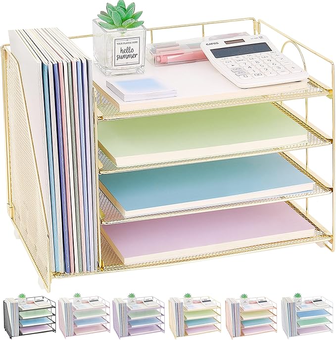 OPNCIE Desk Organizers and Accessories, 4 Tier Paper Letter Tray File Organizer, Office Organization Storage Desk Accessories Workspace Desktop Organizer for Classroom Office Supplies Decor, Gold