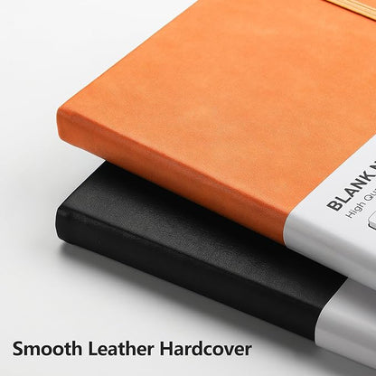 RETTACY Blank Journal Notebook, A5 Blank Journal with 192 Pages, 5.7'' × 8.3'' Medium Size, 68 LB/100 GSM Thick Paper, Leather Hardcover, for Sketching, Drawing, Painting (Orange)