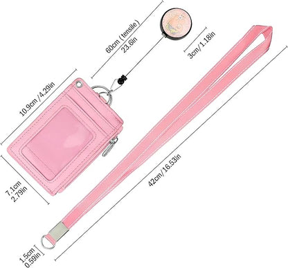 Cute ID Badge Holder Retractable Lanyard Reel Clip with Heavy Duty Carabiner, 5 Card Slots in 2 Sided with Key Ring and Zipper for Women Students Teens Girls Office Staff