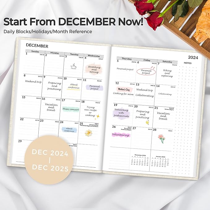 SUNEE 2025 Weekly & Monthly Hardcover Planner 5.5" x 8.3" - 12 Month (January 2025 - December 2025), Small Hardcover Planner, Pocket, Notes, 100 GSM Paper, Beige