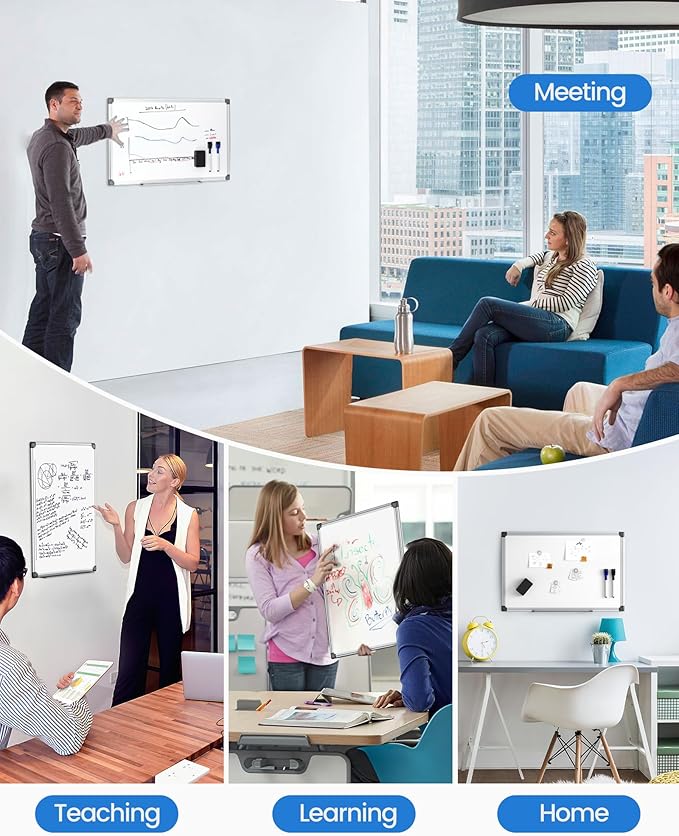 VUSIGN 3PCS Magnetic White Board Kit for Wall 18" x 12", 3 Dry Eraser & 6 Multicolor Markers & 12 Magnetic Pins, Sliver Reinforced Aluminum Frame for Home, School, Office