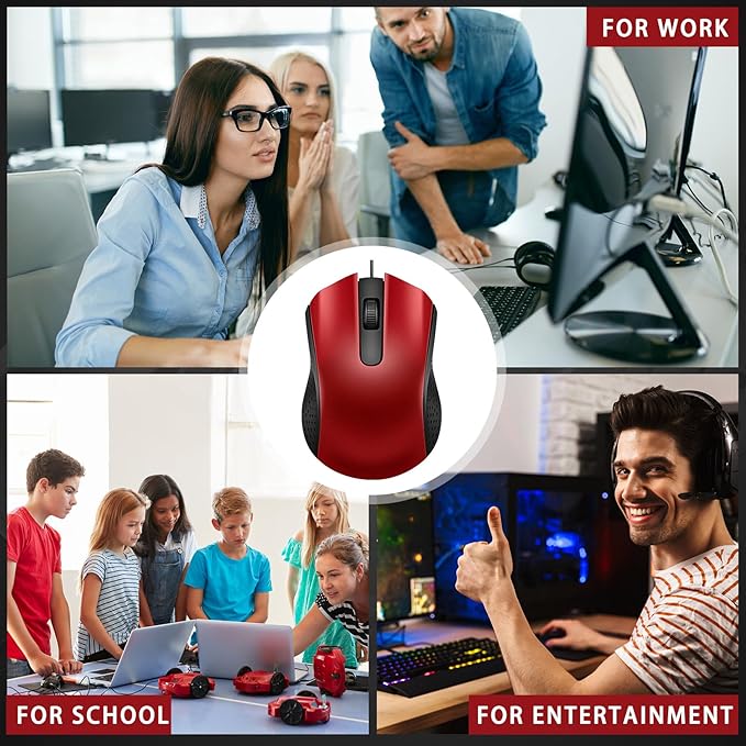 Hoteam 12 Pcs Wired Computer Mouse Bulk Cord USB Computer Mice Ergonomic Wired Mouse for Pcs, Computers, Laptops, Gaming Office Home Supplies (Red)