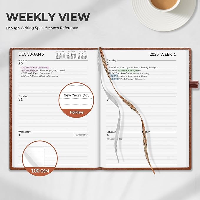 SUNEE 2025 Weekly & Monthly Hardcover Planner 5.5" x 8.3" - 12 Month (January 2025 - December 2025), Small Hardcover Planner, Pocket, Notes, 100 GSM Paper, Brown