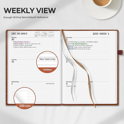 SUNEE 2025 Weekly & Monthly Hardcover Planner 5.5" x 8.3" - 12 Month (January 2025 - December 2025), Small Hardcover Planner, Pocket, Notes, 100 GSM Paper, Brown