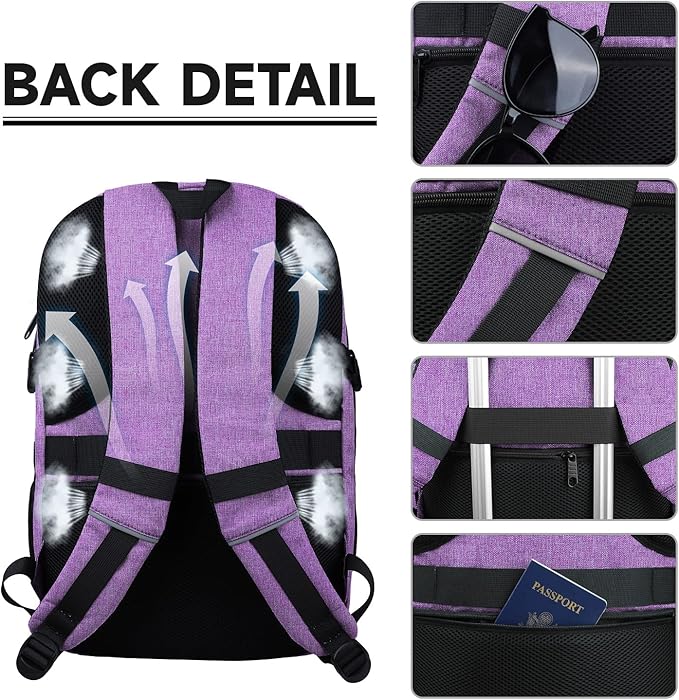 Lapsouno Travel Backpack, Travel Laptop Backpack, Multiple Pockets 15.6 Inch Carry on Backpack with USB Port, TSA Friendly Water Resistant College School Business Bag for Women, Purple