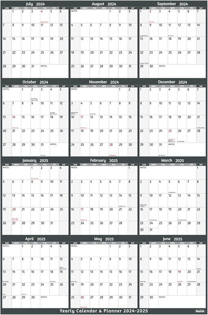 Yearly Wall Calendar 2024-2025 - Large Yearly Calendar Vetical, Jul 2024 - Jun 2025, 25.2" x 38.2" (Open), 2024-2025 Calendar, Large Wall Calendar, Full Year Paper Calendar with Notes, Thicker Paper
