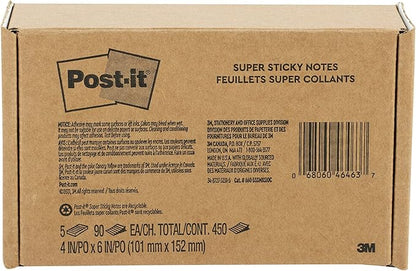 Post-it Super Sticky Lined Notes, 5 Sticky Note Pads, 4x6 in, 2X The Sticking Power, School Supplies, Office Products, Sticky Notes for Vertical Surfaces, Monitors, Walls and Windows, Bright Colors