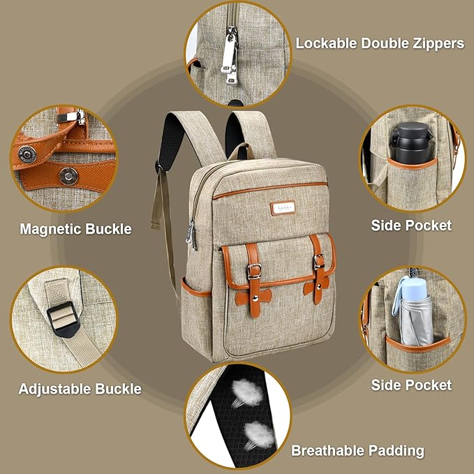 Nicole Miller Travel Laptop Backpack-Business Anti Theft Vintage Backpack with USB Charging Port-Water Resistant Computer Bag (Tan)