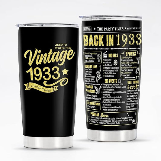 Happy 91th Birthday Tumblers Gifts for Men Women, Back in 1933 Stainless Steel Tumblers Gifts, 1933 91 Years Old Birthday Gift For Wife Husband Mom Dad