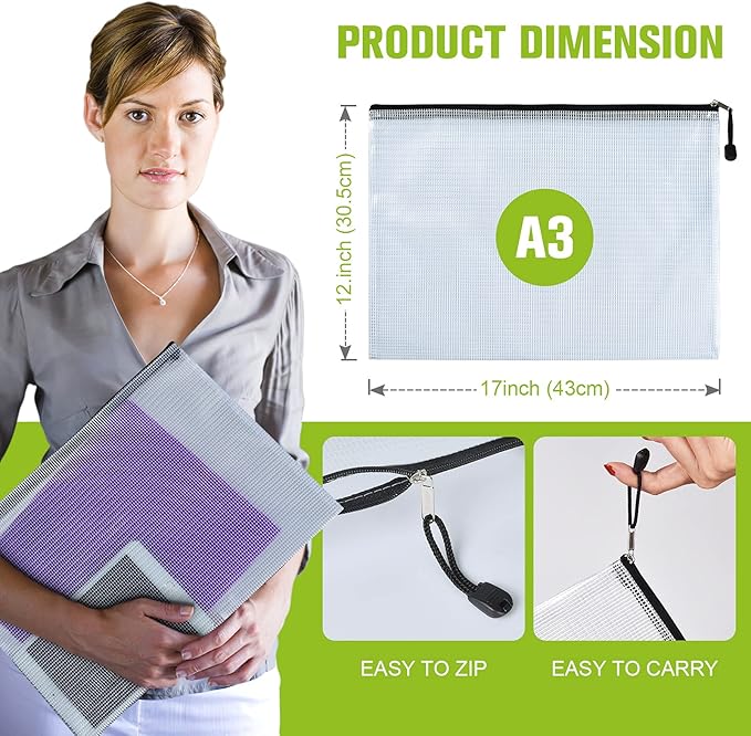 Mesh Zipper Pouch, 6PCS Waterproof Plastic Mesh Zipper Bag, A3 Size Tear-Resistant Document Pouch, Extra Large Zip File Bags, for School Office Supplies Home Travel Storage(17×12 Inch)