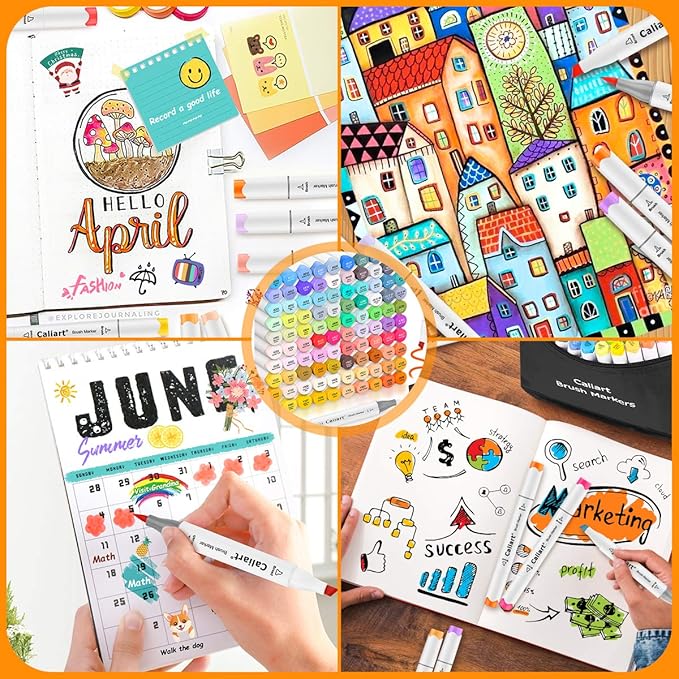 Caliart Alcohol Brush Markers, 121 Colors Dual Tip Artist Brush & Chisel Tip Sketch Art Markers, Aesthetic Cute Preppy Stuff School Supplies, Pens for Lettering Cards Drawing Mothers Day Gift for Mom