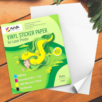 Printable Vinyl Sticker Paper for Laser Printer - Matte White - 50 Self-Adhesive Sheets - Waterproof Decal Paper - Standard Letter Size 8.5"x11"