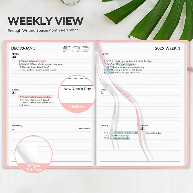 SUNEE 2025 Weekly & Monthly Hardcover Planner 8" x 11" - 12 Month (January 2025 - December 2025), Small Hardcover Planner, Pocket, Notes, 100 GSM Paper, Peach Pink