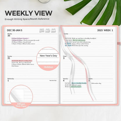 SUNEE 2025 Weekly & Monthly Hardcover Planner 8" x 11" - 12 Month (January 2025 - December 2025), Small Hardcover Planner, Pocket, Notes, 100 GSM Paper, Peach Pink