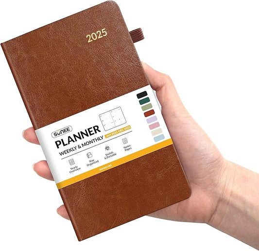 SUNEE 2025 Pocket Weekly Planner for Purse 3.5" x 6" - 12 Month (January 2025 - December 2025), Pocket Size Planner, Hardcover, Notes, Pocket, 100 GSM Paper, Brown