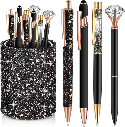 Sabary 8 Pcs Ballpoint Pens with Pen Holder for Desk Glitter Crystal Diamond Fancy Pencil Holder Bling Desk Organizer Cute Office Supplies for Women Girls Valentines Birthday Gifts(Black)