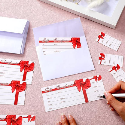 Sinmoe 50 Sets Gift Certificate for Business with 50 Pcs Envelopes Blank Gift Certificate Cards with Name and Address Rustic for Beauty Salon Restaurants Birthday(4.72 x 2.36 Inch, Ribbon Style)