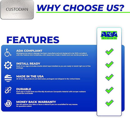 ADA Custodian Closet Sign for Business - Office Signs, Aluminum Brushed Silver, Tamper-Proof, Heavy Duty Mounting Tape, Easy Install, Office Décor, ADA Compliant, Grade 2 Braille (7”W x 4”H) ADASigns.org