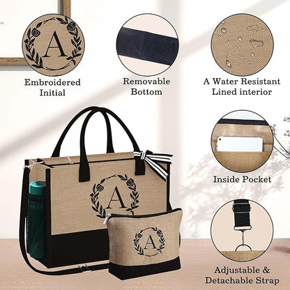 YOOLIFE Christmas Gifts for Women - Initial Tote Bag & Makeup Bag, Birthday Gifts for Women Mom Teacher Friend Christmas Gift