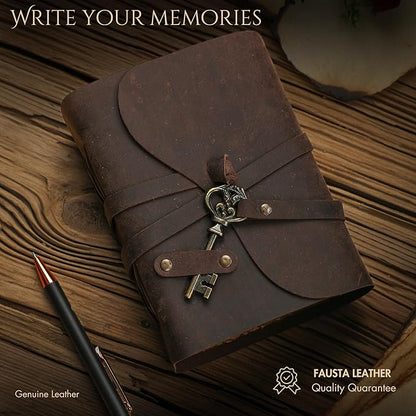 Fausta Vintage Handcrafted Leather Journal with Key for Writing, 240 Pages 7 x 5 inches, Deckled Cotton Paper Notebook/Diary for Men and Women 150 GSM Drawing/Sketchbook, Rustic Brown