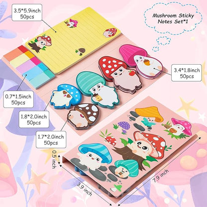 B1ykin Sticky Notes Set - Cartoon Theme Cute Self-Stick Notes Pad Teacher Appreciation Gifts， Self-Adhesive Writing Memo Pages Sticky to Do Notepad for Kids Employee School Office (Mushroom)