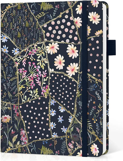 Bullet Dotted Journal Notebook for Women & Men, Hardcover Leather Journal for Writing, A5 Bullet Journaling Notebook for Work & Sketching, Perfect for Office School Home Supplies, 160 Pages, Patchwork Floral
