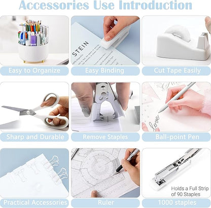 Office Desk Accessories, White Office Supplies 360°Pen Holder Desk Organizers And Accessories with Tape Dispenser, Stapler, Staple Remover, 1000 Staples, Tape, Clips Set, Ruler, Scissor, Pen