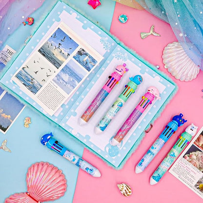 Multicolor Ballpoint Pen 0.7 mm, 10-in-1 Colored Pens Fine Point Retractable Cute Cartoon Ocean Animal Ballpoint Pens for Office School Students Kids Christmas Gift, 6 Pack