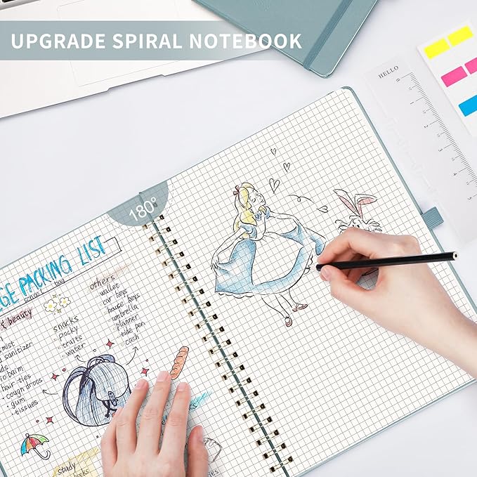 AHGXG Graph Paper Notebook - Spiral Notebook 8.5" x 11", A4 Large Hardcover Leather Journal Grid Notebook, 100 gsm Thick Graph Paper,Journals for School Writing Graphing Engineering Math, GrayBlue