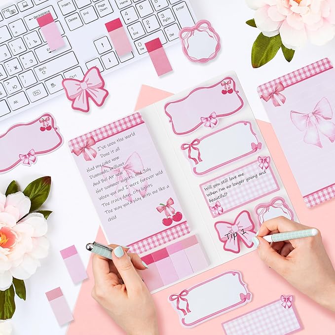 Coquette Pink Bow Sticky Notes Set - I’m Just A Girl Self-Stick Note Pads Bowknot Notepads Writing Memo Pad Page Marker Bookmarker Preppy Girly Stuff Back to School Office Supplies Gift