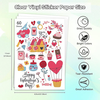 Premium Printable Clear Vinyl Sticker Paper for Inkjet Printers, 60 Sheets Transparent Paper of 8.5x11 "DIY Personalized Self-adhesive Paper That is Tear Resistant, Waterproof Labels,Easy to Cut