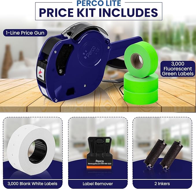 Perco Lite 1 Line Price Gun with Labels Kit - Includes 3 White Rolls, 3 Fluorescent Green Rolls, 2 Ink Rollers, 1 Ink roll and Labels Pre-Loaded