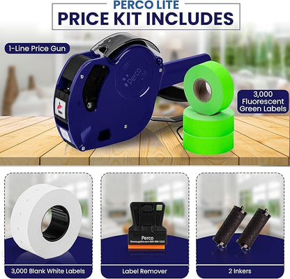 Perco Lite 1 Line Price Gun with Labels Kit - Includes 3 White Rolls, 3 Fluorescent Green Rolls, 2 Ink Rollers, 1 Ink roll and Labels Pre-Loaded