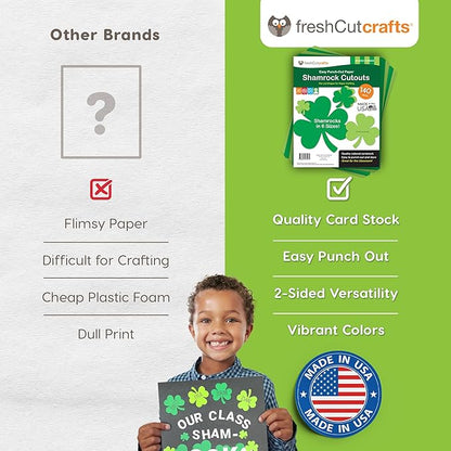 FreshCut Crafts 140 Piece Shamrock Cutouts Set: Pre-Cut Green Irish Clover Shapes for School Supplies, Decorating Themed Events Bulletin Board & St. Patrick's Day Decor, US Made Quality Card Stock