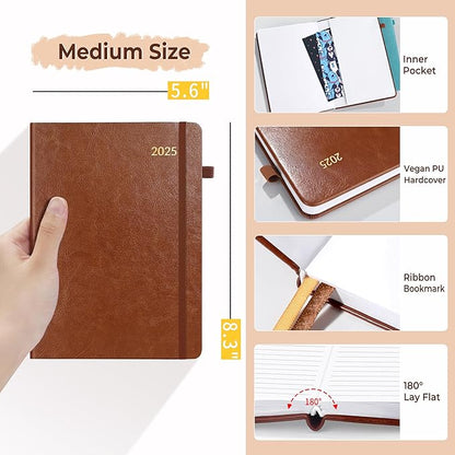SUNEE 2025 Weekly & Monthly Hardcover Planner 5.5" x 8.3" - 12 Month (January 2025 - December 2025), Small Hardcover Planner, Pocket, Notes, 100 GSM Paper, Brown