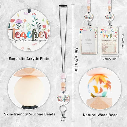 Teacher Lanyard with ID Holder, Floral Inspirational Quote Nutrition Facts Funny Badge Holder with Beaded Adjustable Lanyard, Gifts for Teachers