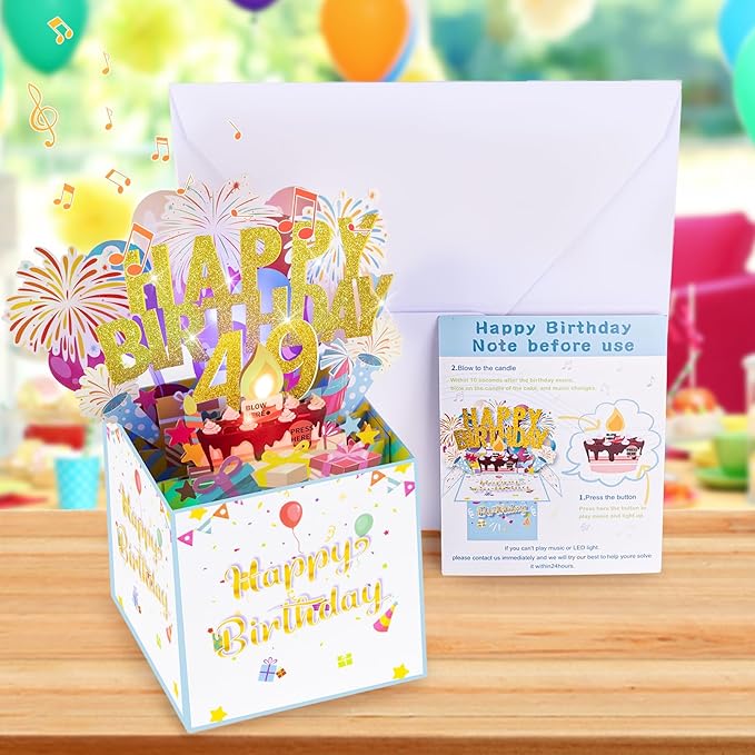 Tnvee 49TH Birthday Cards with Lights & Music & Candle, 3D Large Pop Up Happy Birthday Cards for Women Man Greeting Cards Decorations for 49 Years Old Mom Dad Wife Husband Friend