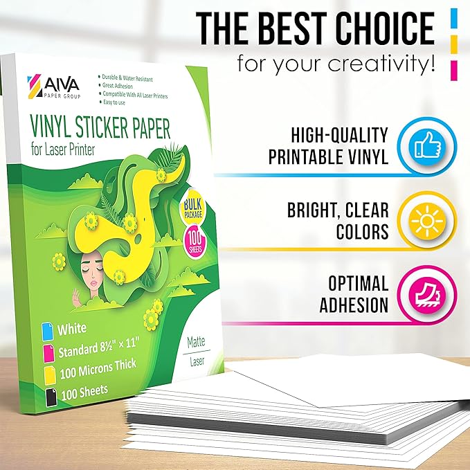 Printable Vinyl Sticker Paper for Laser Printer - Matte White - 100 Self-Adhesive Sheets - Waterproof Decal Paper - Standard Letter Size 8.5"x11"