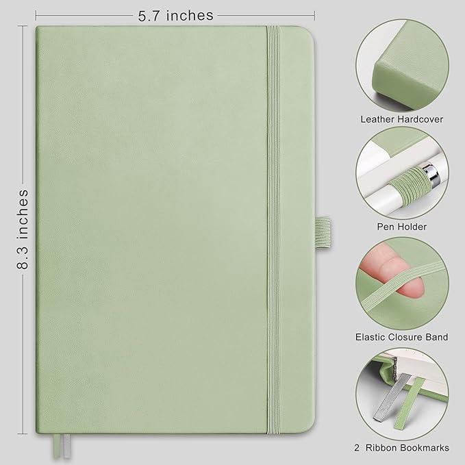 RETTACY Journaling Notebooks, A5 Lined Journal Notebook with 192 Numbered Pages, 5.7'' × 8.3'' Medium Size, for Writing, Work, Office, Leather Hardcover, 100 GSM Thick Paper (Light Green)