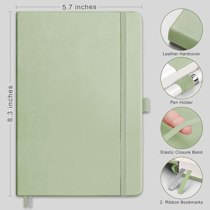 RETTACY Journaling Notebooks, A5 Lined Journal Notebook with 192 Numbered Pages, 5.7'' × 8.3'' Medium Size, for Writing, Work, Office, Leather Hardcover, 100 GSM Thick Paper (Light Green)