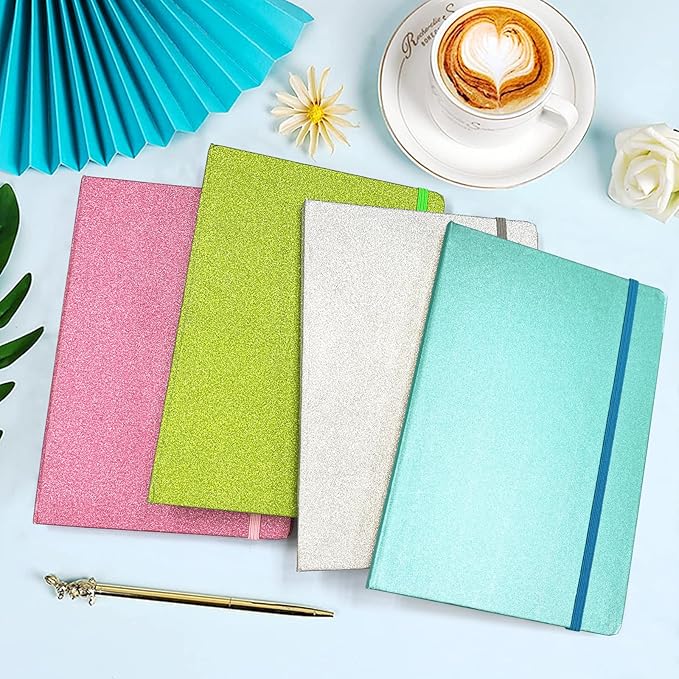 Pink Glitter Notebook, 8.3x5.7” 160 Lined Pages Glitter Never Peel Off Sparkle Journal for Girls College Ruled A5 Hardcover Notebooks for Teens Women Writing Note Taking Office Work School Gifts